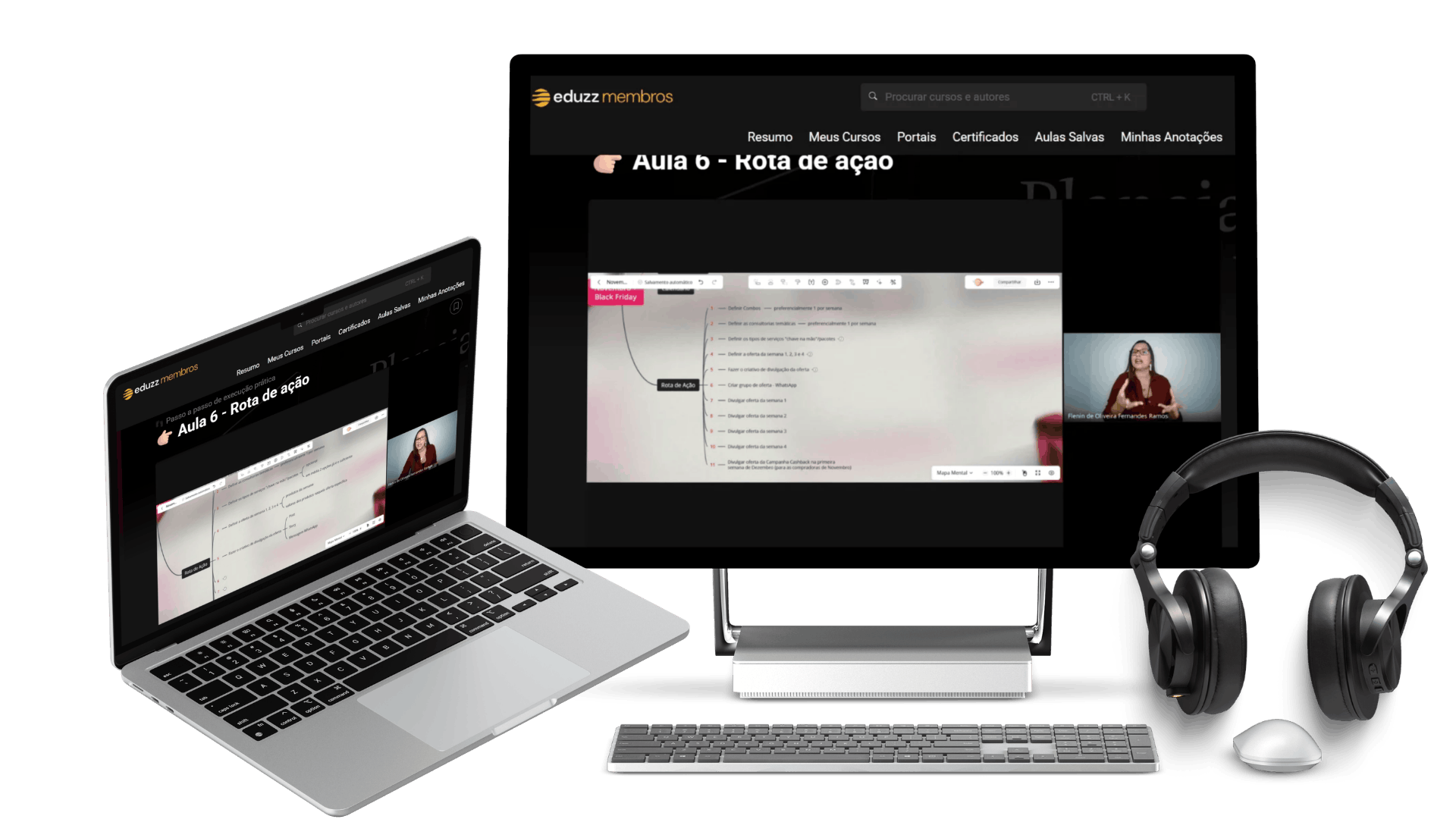 Mockup do bônus Rota de Ação em laptop, monitor e fones