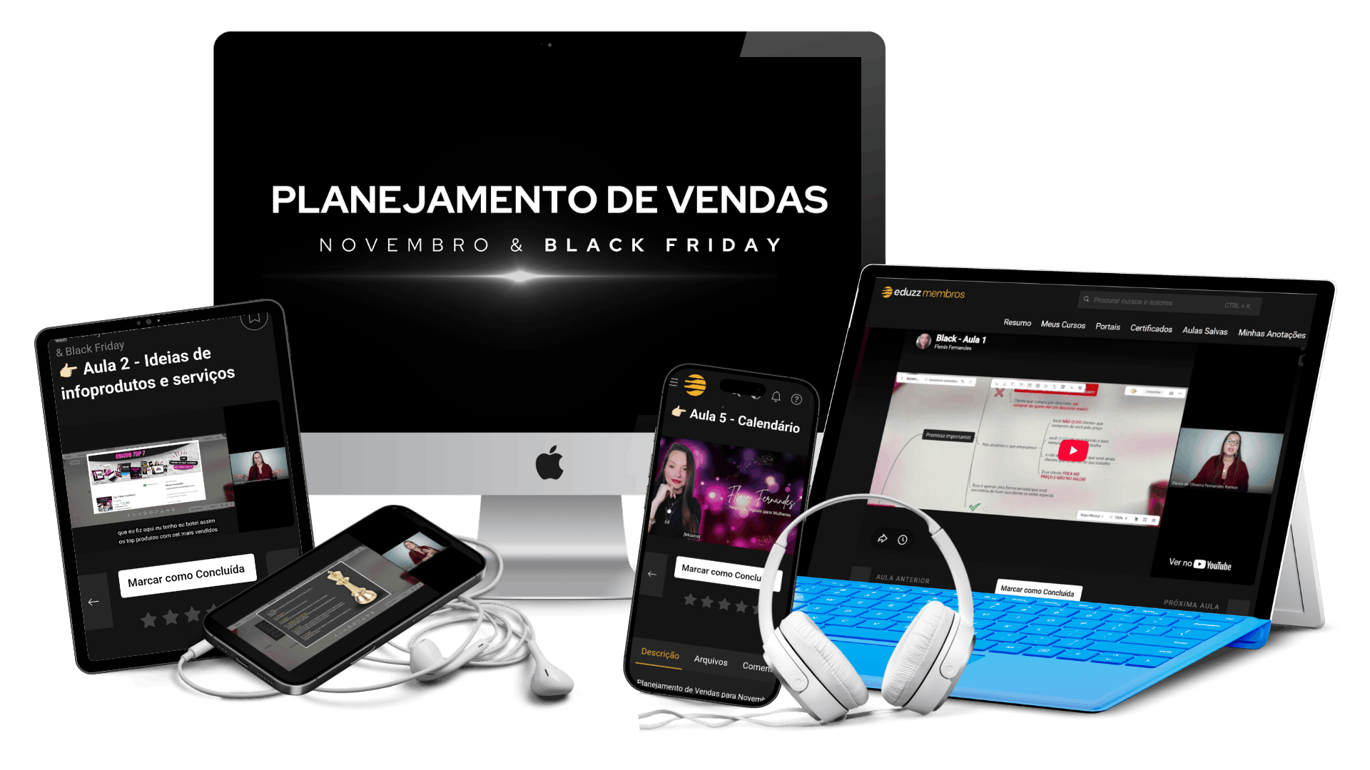 Mockup com fundo transparente do treinamento Planejamento de Vendas para Novembro e Black Friday em computador, tablet e celular